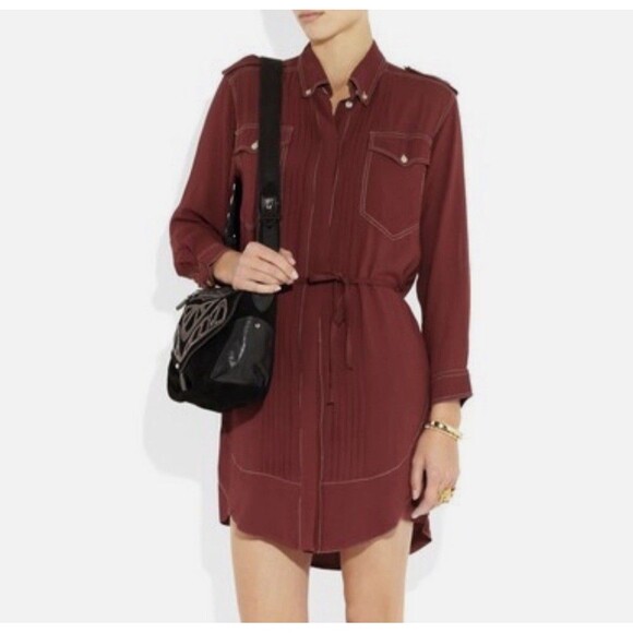 Isabel Marant Etoile GALISE Shirt Dress Burgandy Red Pleated Utility FR 34 US 2 - Picture 1 of 16